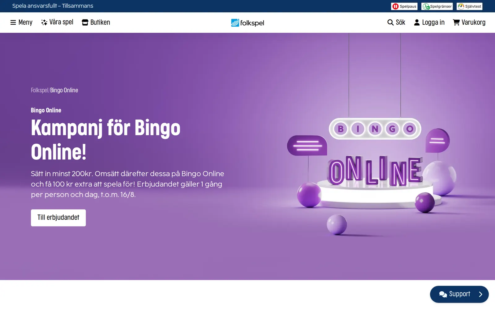 Skärmbild av Bingo Online hos Folkspel, juli 2026