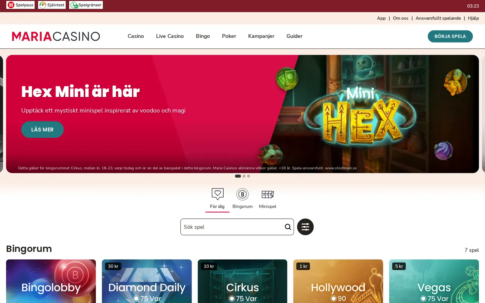 Skärmbild av bingosidan hos Maria Casino, juli 2026