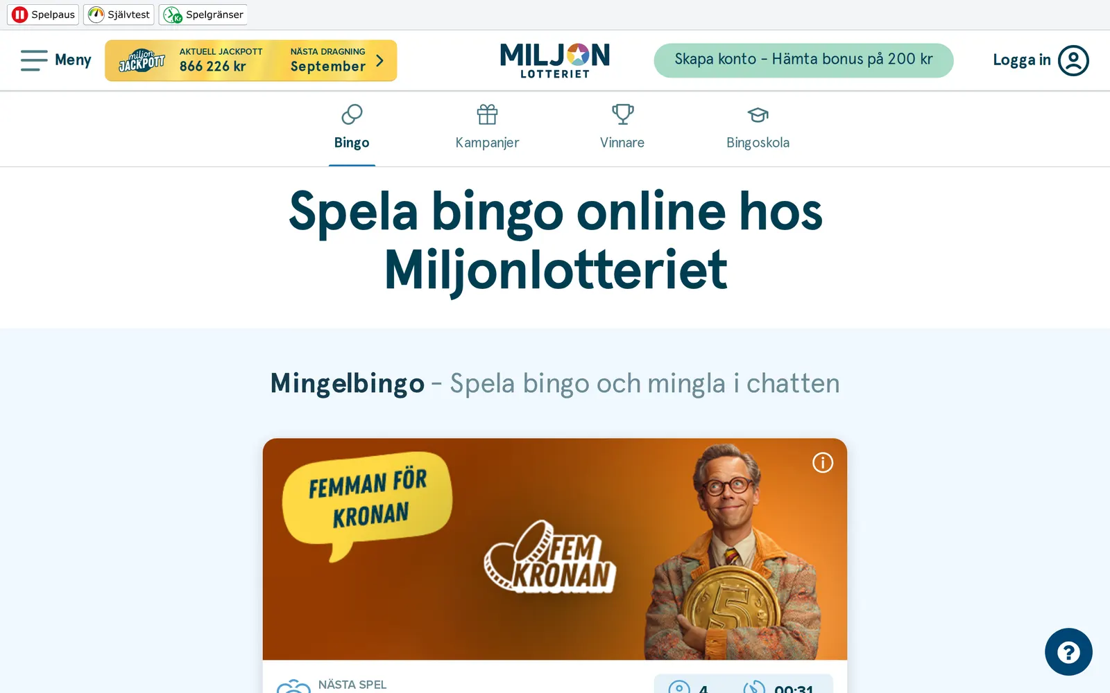 Skärmbild av bingosidan hos Miljonlotteriet, juli 2026