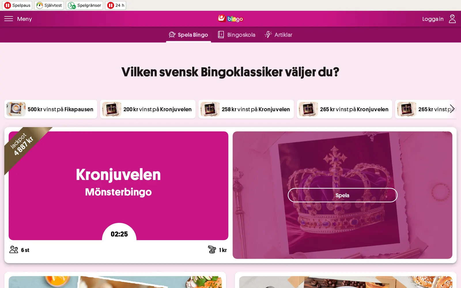 Skärmbild av bingosidan hos Svenska Spel, juli 2026