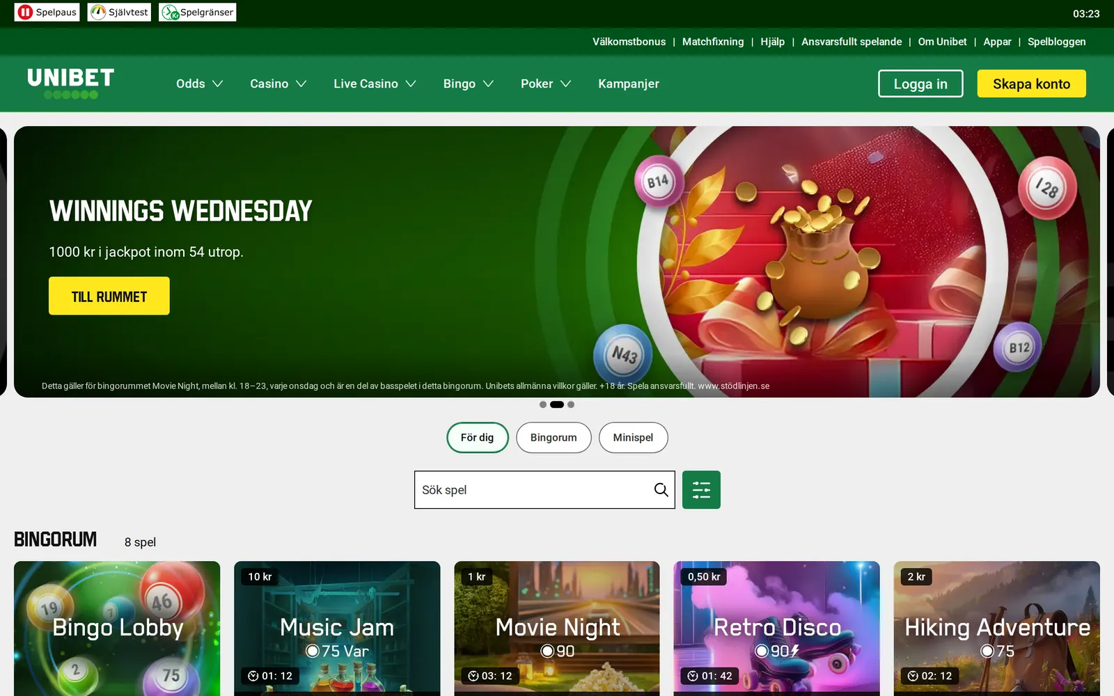 Skärmbild av bingosidan hos Unibet, juli 2026